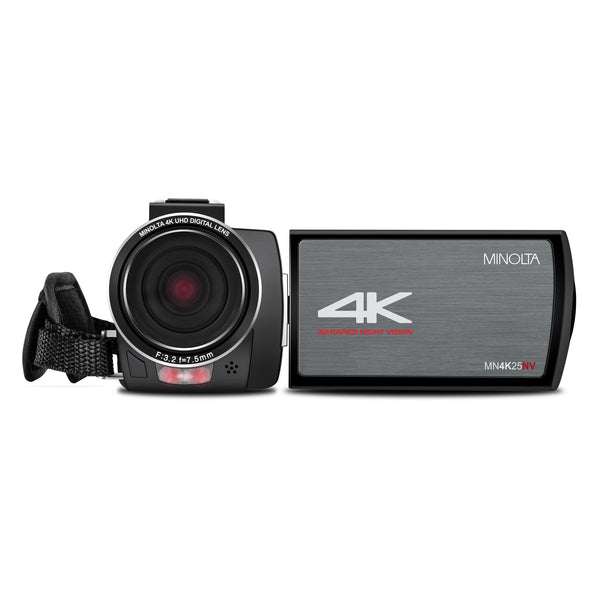 Minolta MN4K25NV-W-BK 4K-Ultra-HD IR Night Vision Camcorder with 16x Digital Zoom, Anti-Shake, Rechargeable Battery, and 16-GB SDHC Card, MN4K25NV (Black)