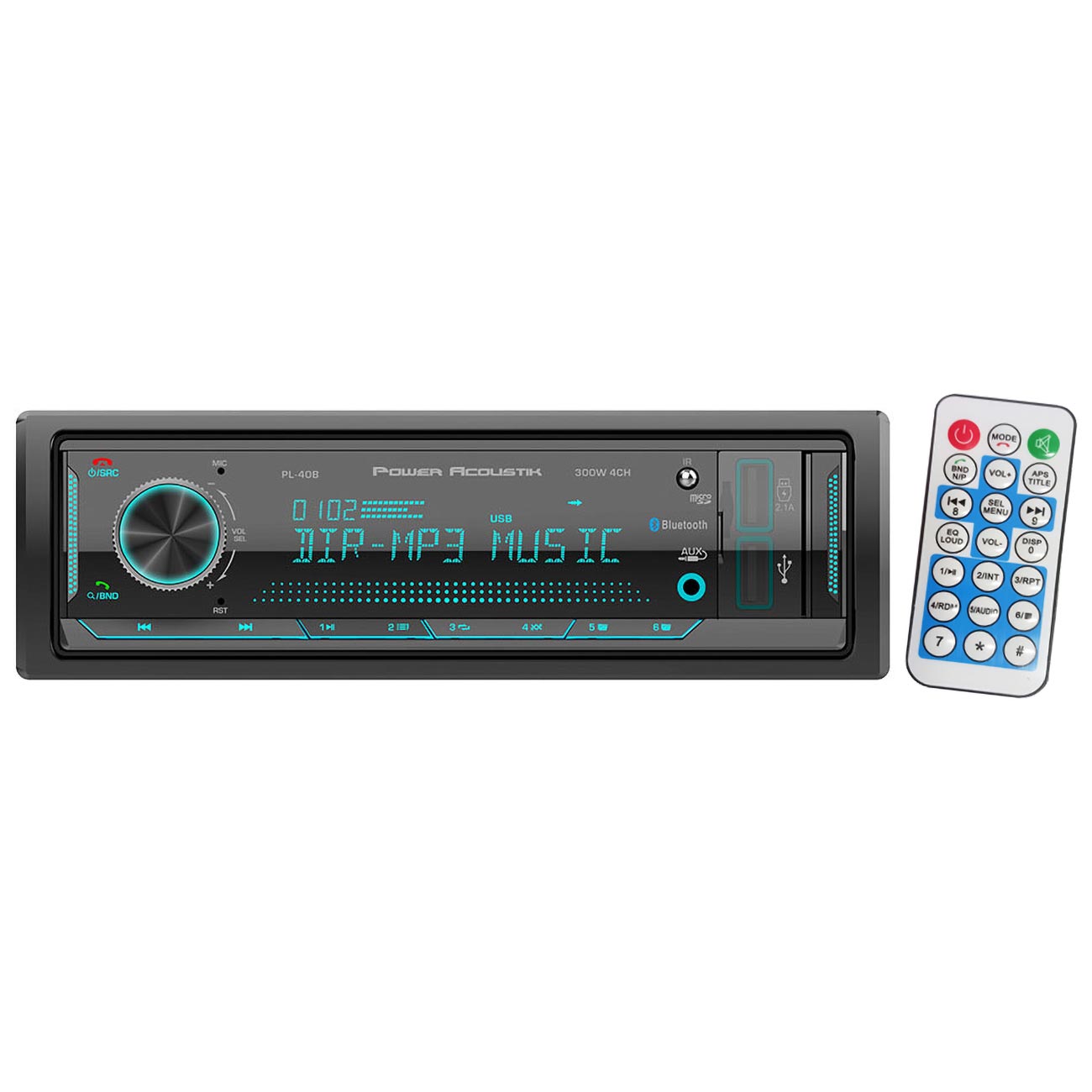 Power Acoustik Fixed Face Mechless Single DIN Media Receiver with Bluetooth Dual USB & Remote