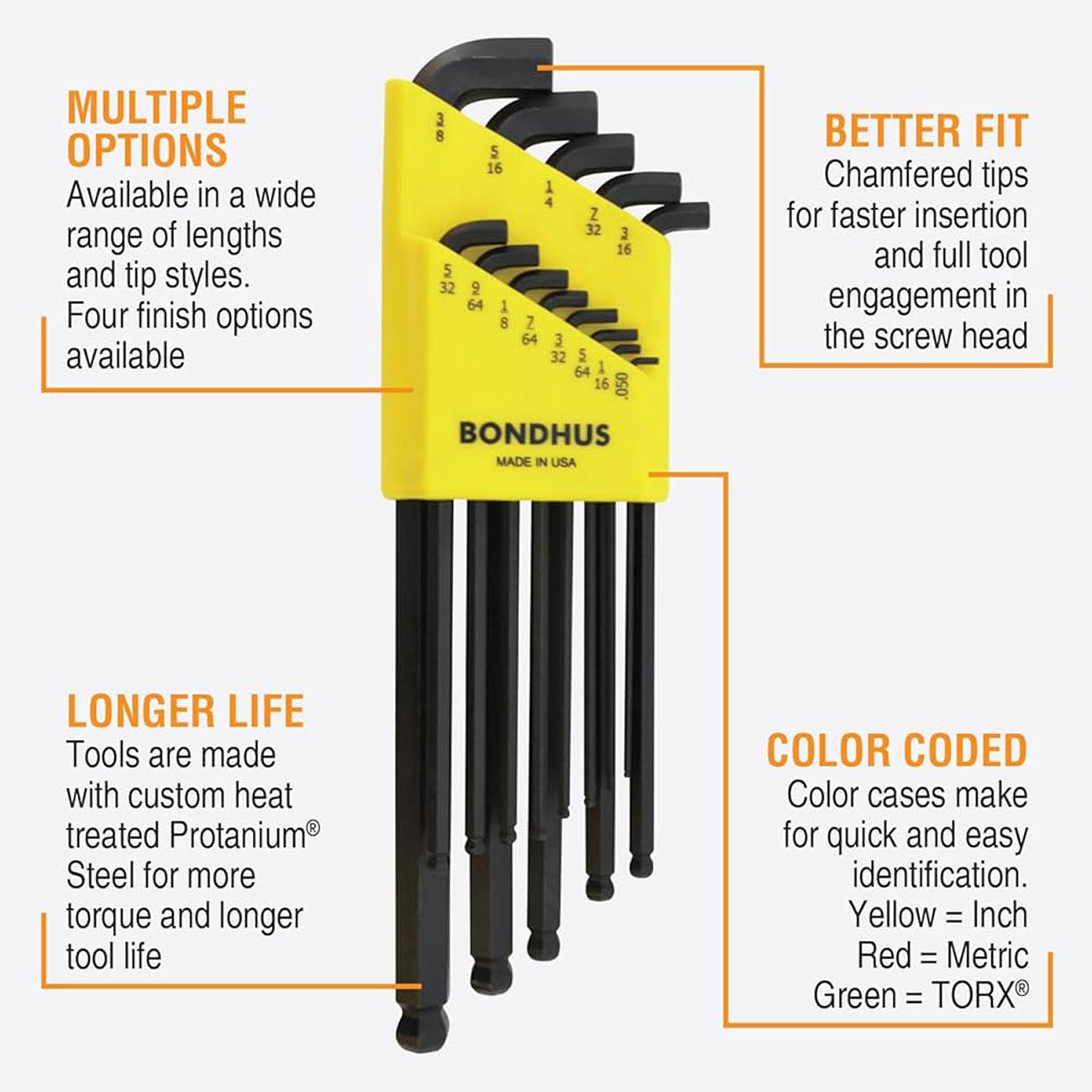 Bondhus Balldriver Stubby SAE Ball End HEX L-Keys: 0.050" to 3/8" (13 Piece) - Clinch River Fishing USA