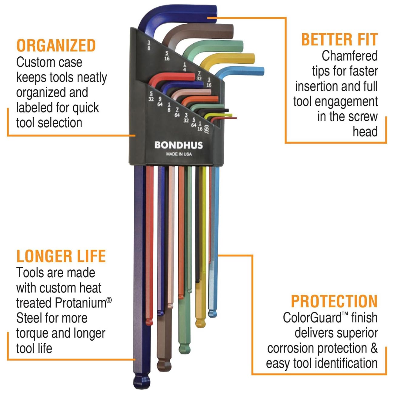 Bondhus ColorGuard Plated Balldriver Metric/SAE Ball End HEX L-Keys Double Set (22 Piece) - Clinch River Fishing USA