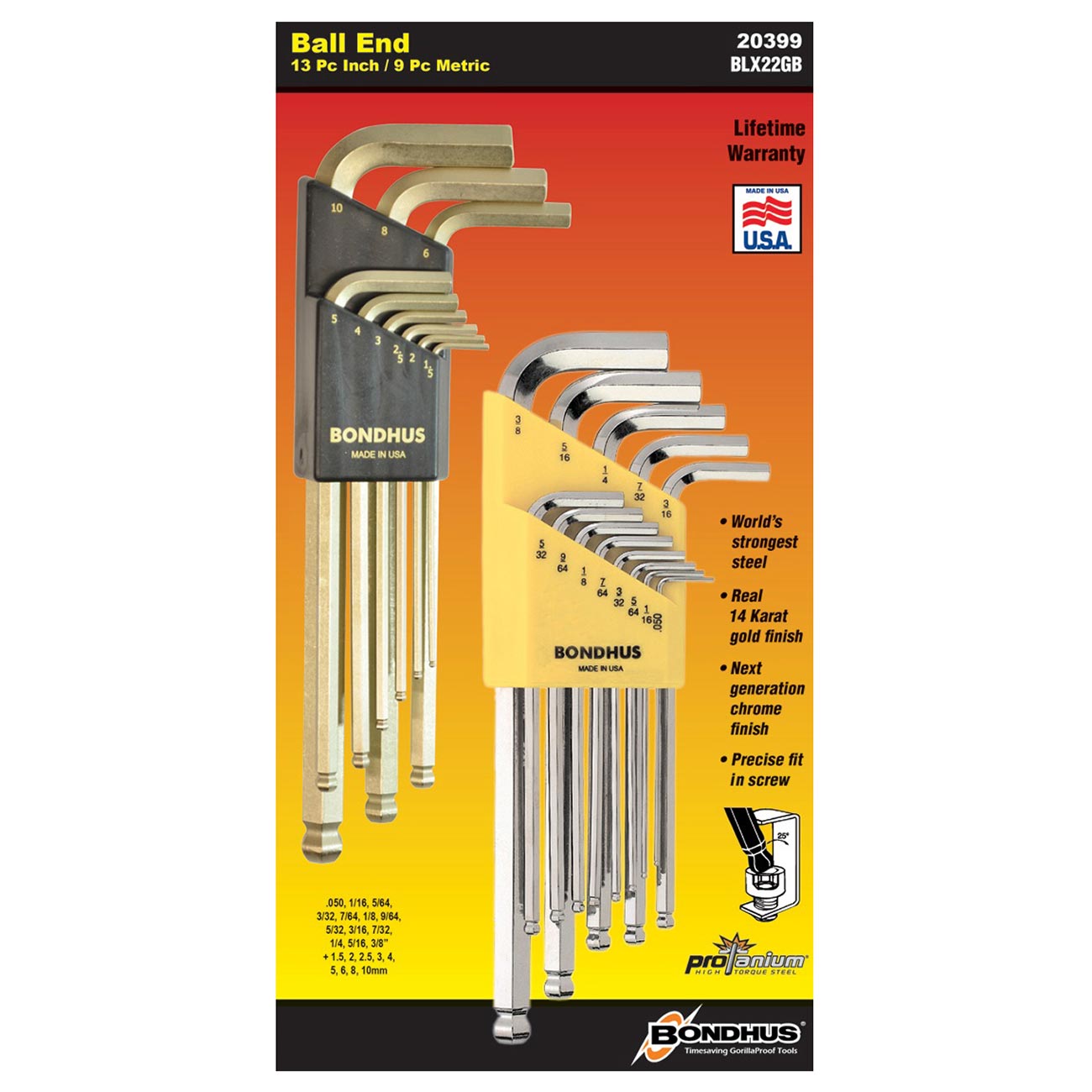 Bondhus Plated Balldriver Metric/SAE Ball End HEX L-Keys Double Set (22 Piece) - Clinch River Fishing USA