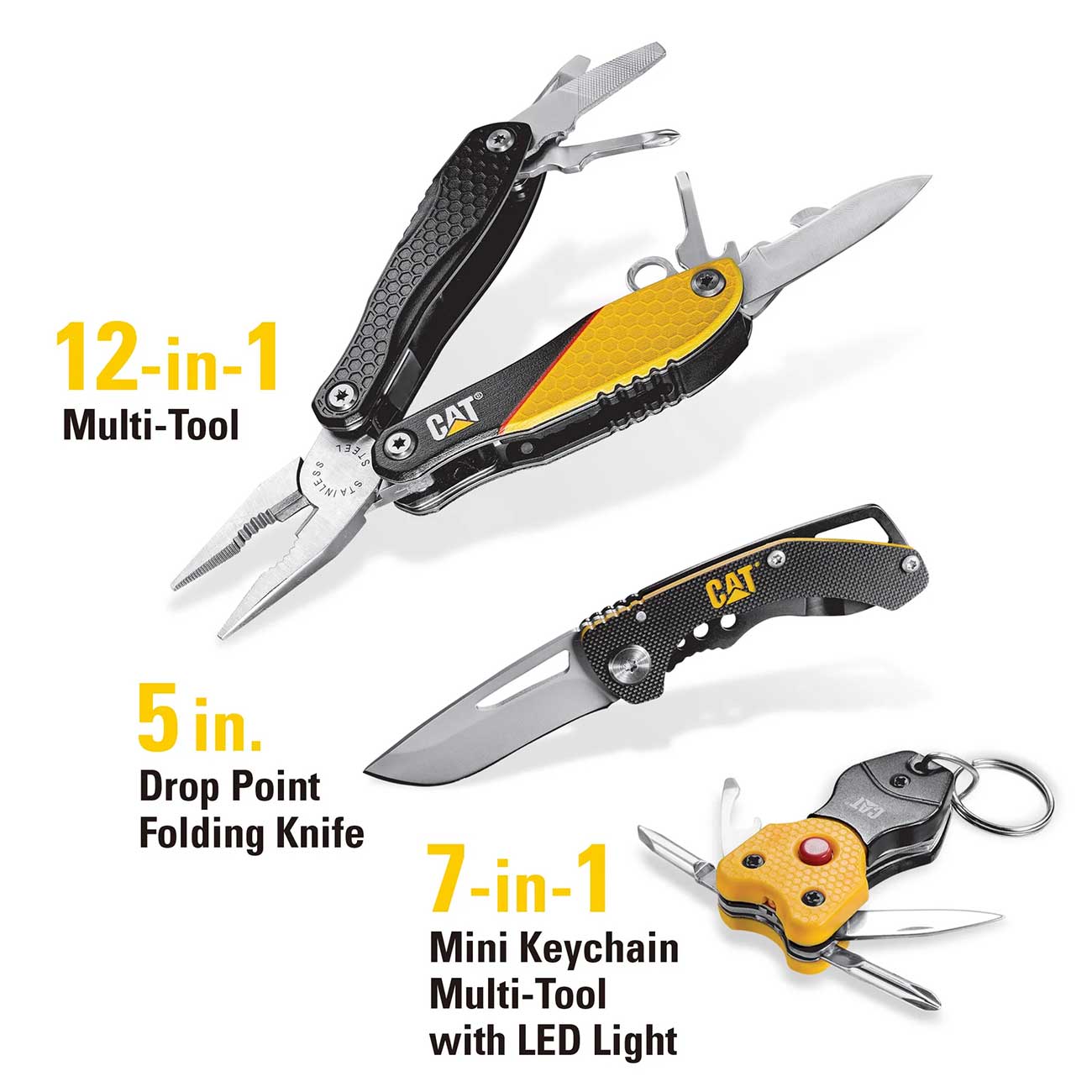 CAT 3 Piece 12-in-1 MultiTool Knife and MultiTool Key Chain Gift Box Set - Clinch River Fishing USA