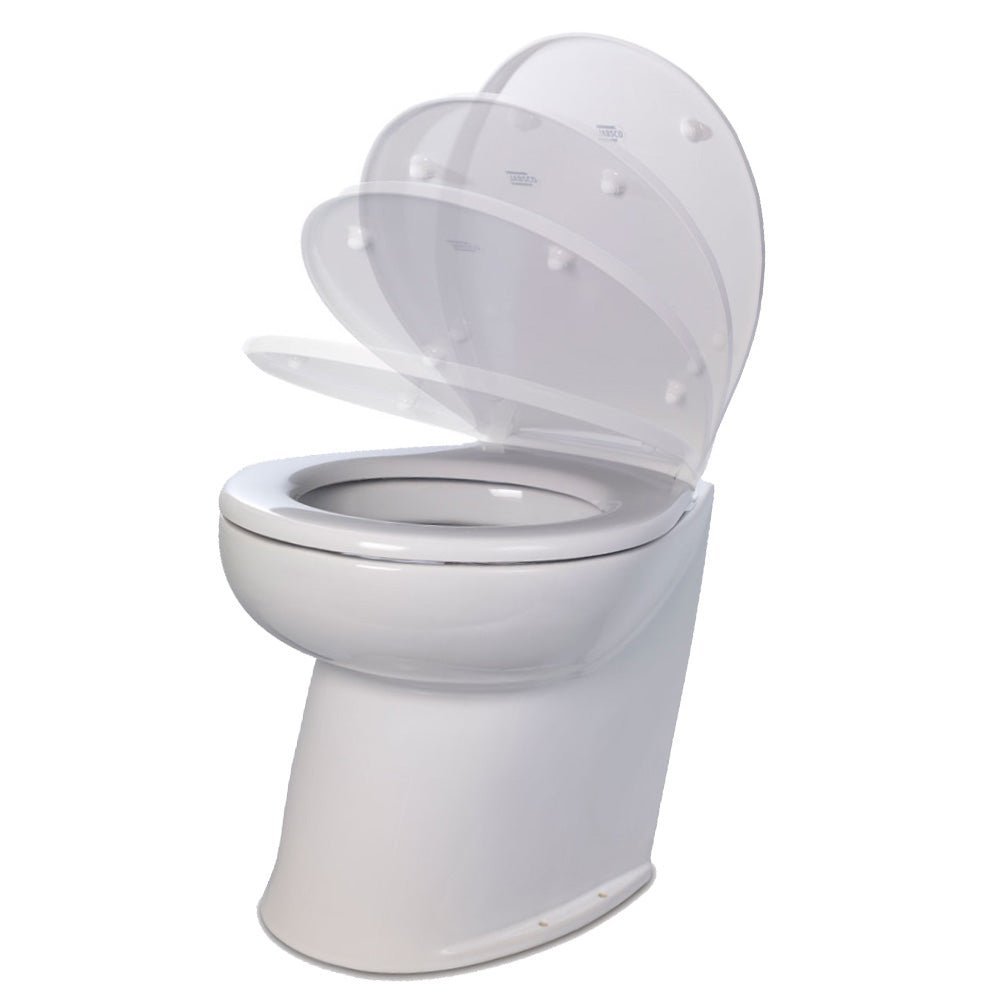 Jabsco Deluxe Flush 17" Angled Back 12V Raw Water Electric Marine Toilet w/Remote Rinse Pump & Soft Close Lid - Clinch River Fishing USA