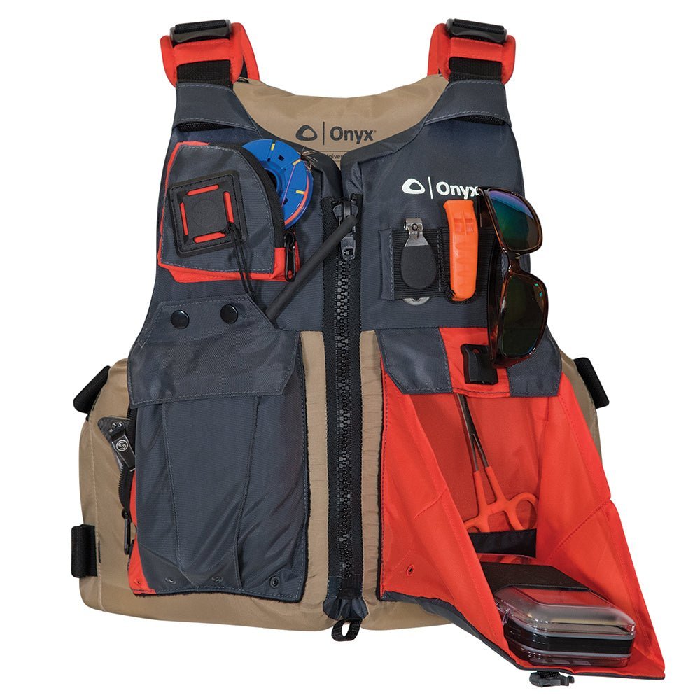 Onyx Kayak Fishing Vest - Adult Universal - Tan/Grey - Clinch River Fishing USA