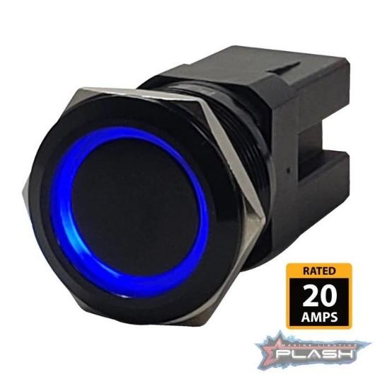 PLASHLIGHTS Marine Push Button Switch - Blue LED - 20a -Black Anodized- Momentary | PL22BLK-M-BL - Clinch River Fishing USA
