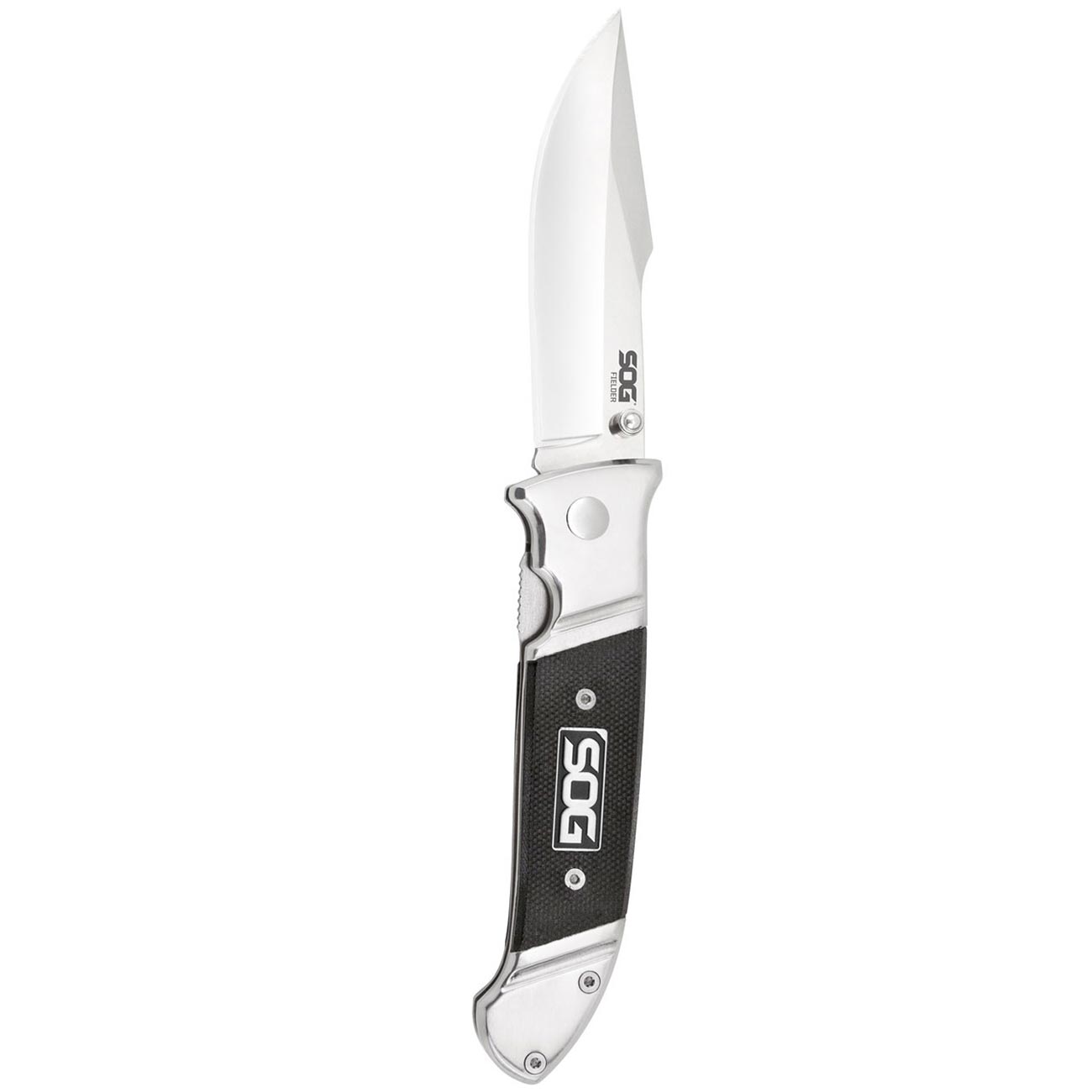 SOG Fielder Folding Knife 3.3" Satin Clip Point Blade Black G10 Handles - Clinch River Fishing USA