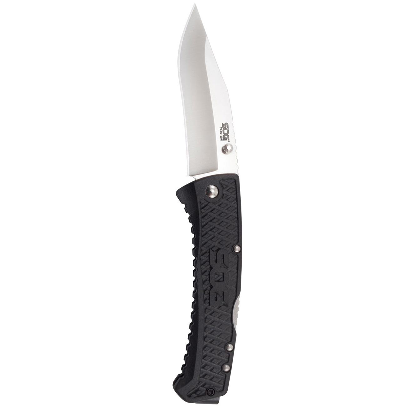 SOG Traction Folding Knife 3.5" Clip Point Plain Blade Black GRN Handles - Clinch River Fishing USA