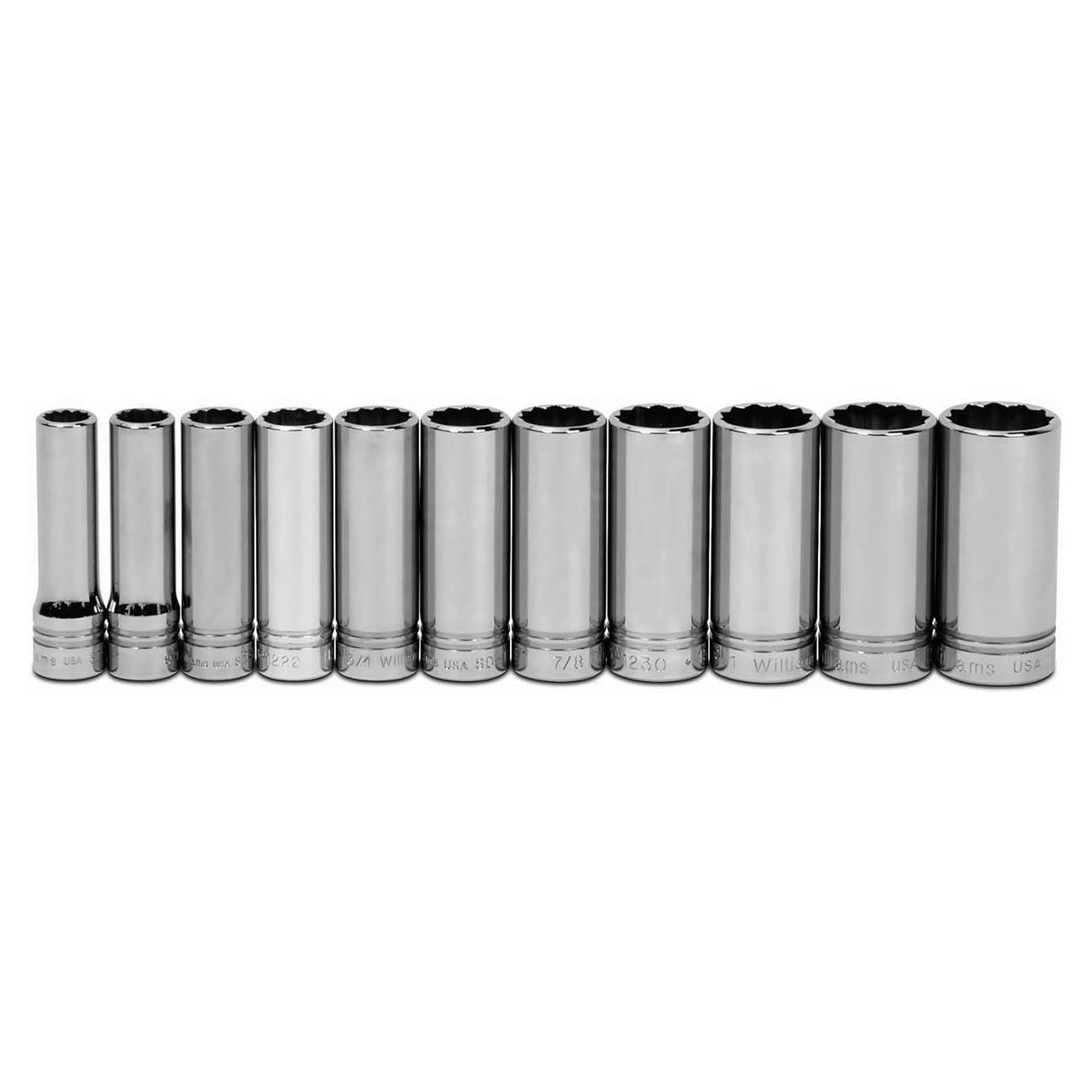 Williams 1/2" Drive Deep SAE Socket Set on Clip Rail 12-Point (11 Piece) - Clinch River Fishing USA