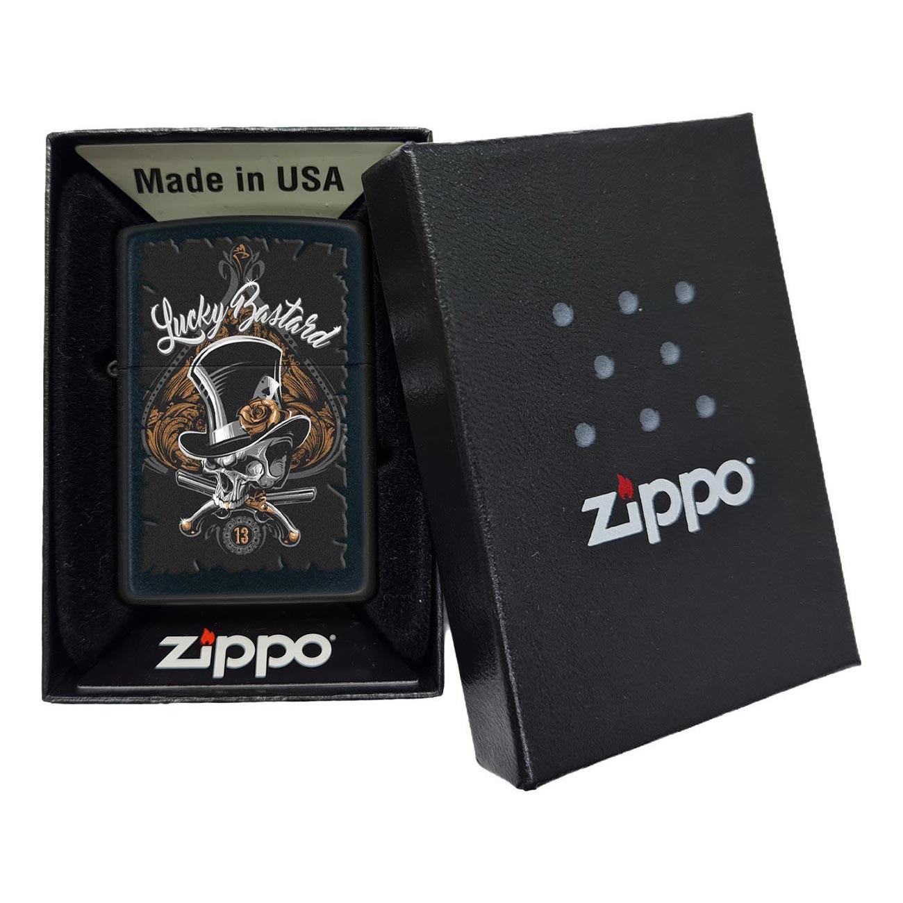 Zippo Windproof Lighter Lucky Bastard Skull Black Matte - Clinch River Fishing USA