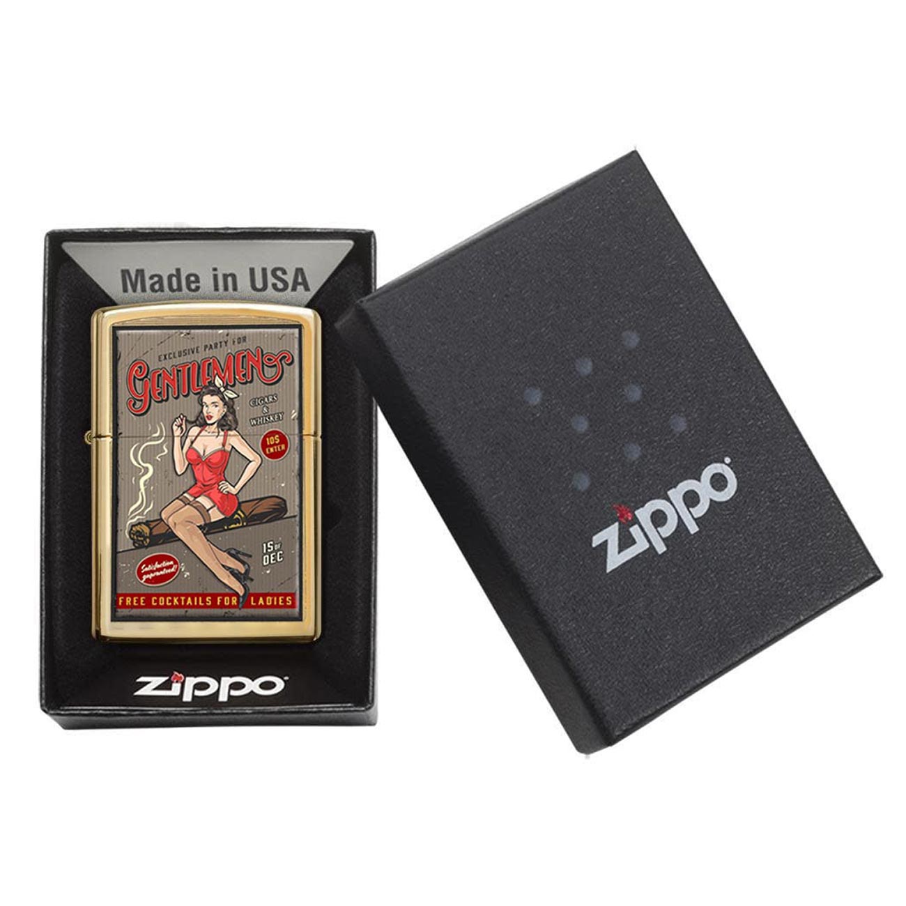 Zippo Windproof Lighter Pin - up Girl "Whiskey and Cigars Party" Street Brass - Clinch River Fishing USA