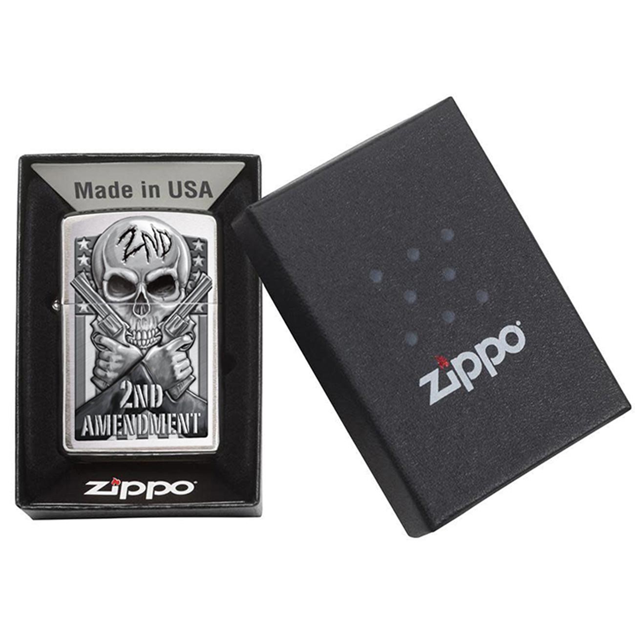 Zippo Windproof Lighter Second Amendment Skull and Guns Brushed Chrome - Clinch River Fishing USA