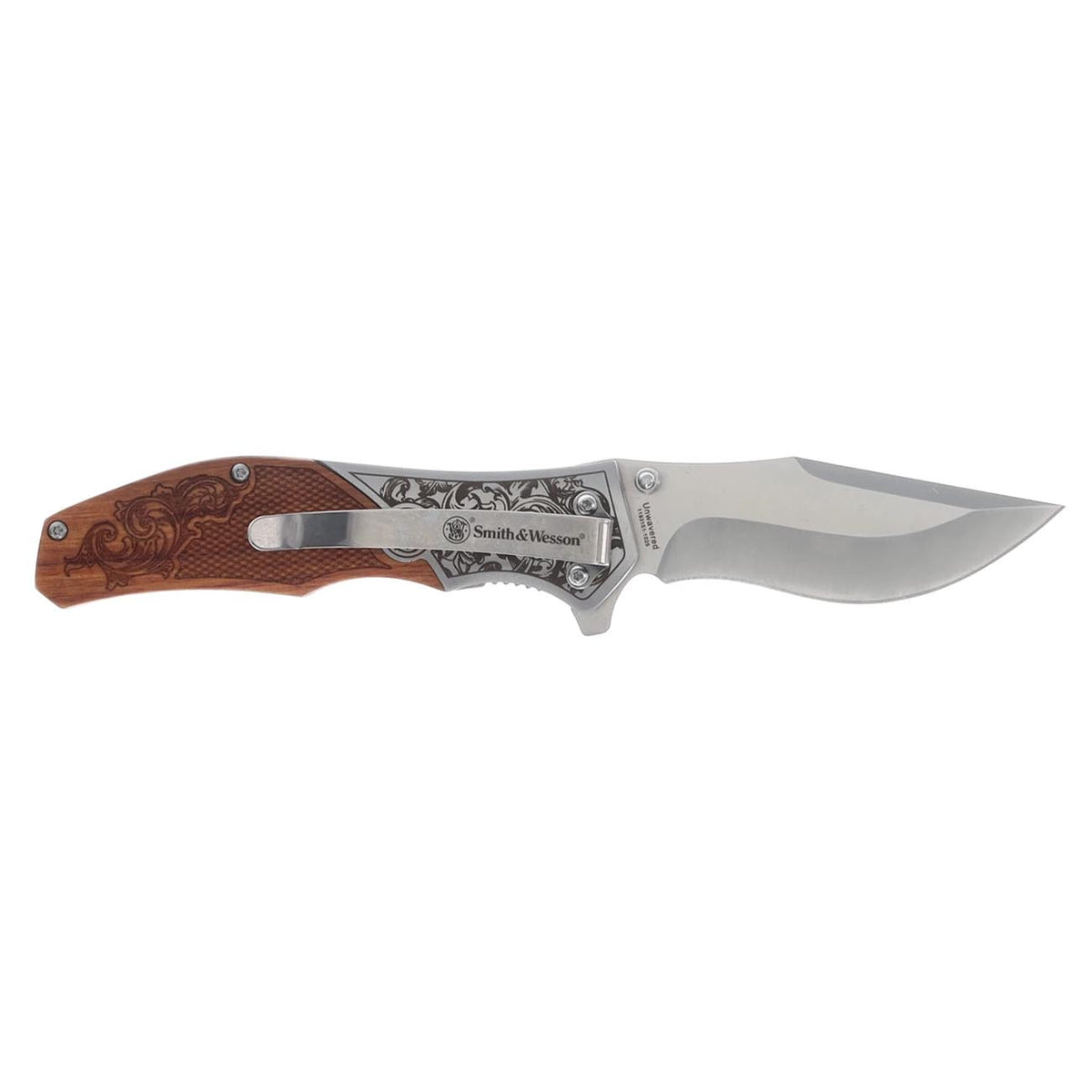 Smith & Wesson Unwavered Recurved Assisted Open Pocket Knife with Engraved Rosewood Handle