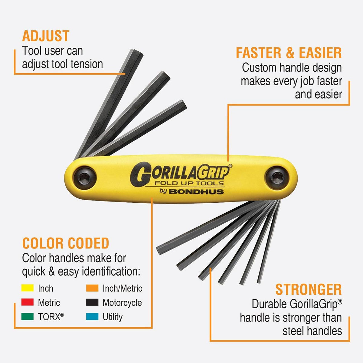 Bondhus GorillaGrip Foldup HEX Tool: SAE (9 Tips)