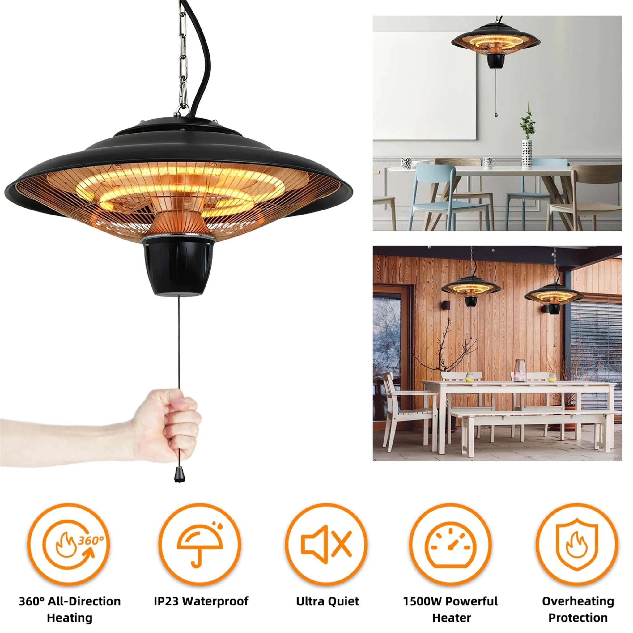 1500W Outdoor Hanging Patio Heater Ultra - Quiet Electric Heating Lamp - Clinch River Fishing USA