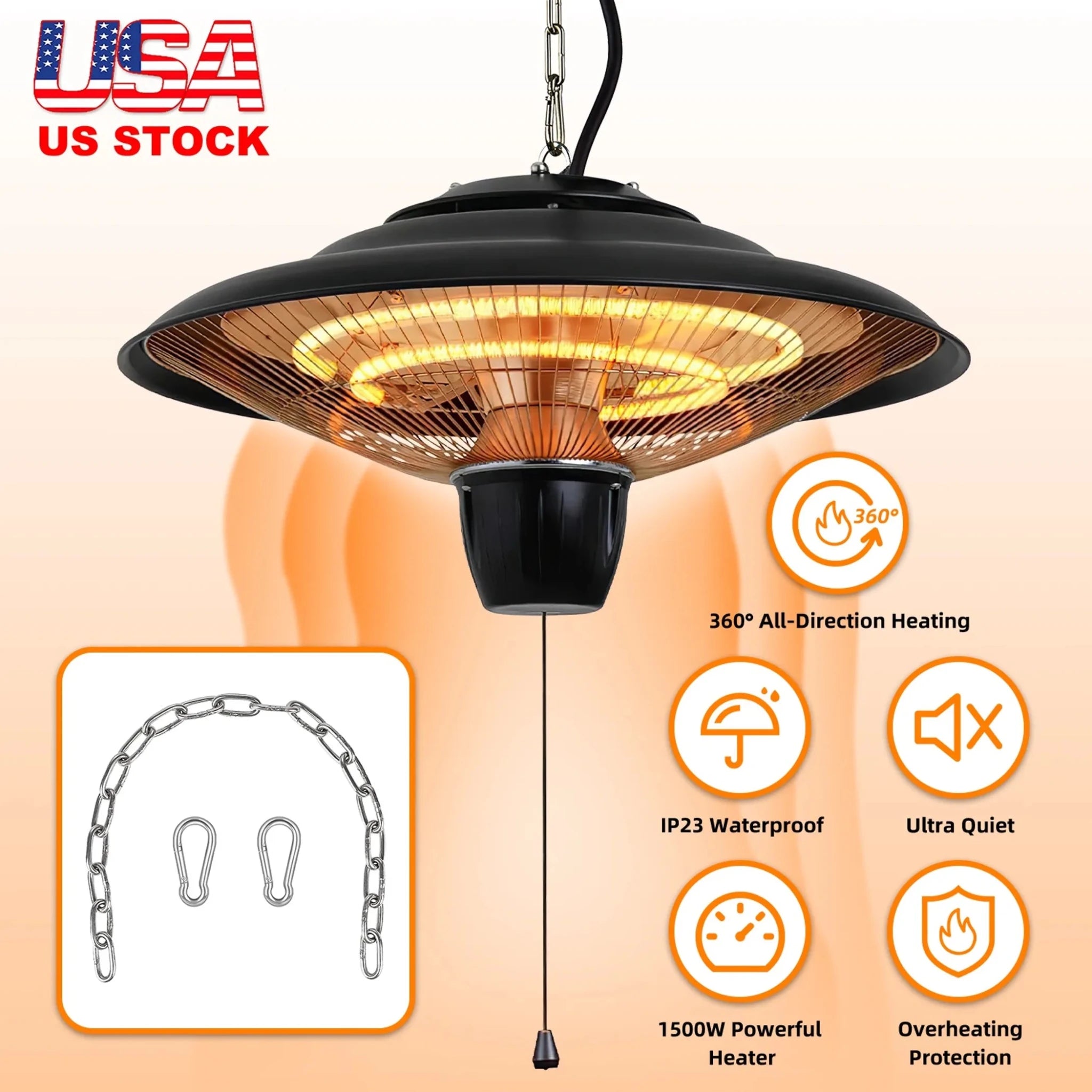 1500W Outdoor Hanging Patio Heater Ultra - Quiet Electric Heating Lamp - Clinch River Fishing USA