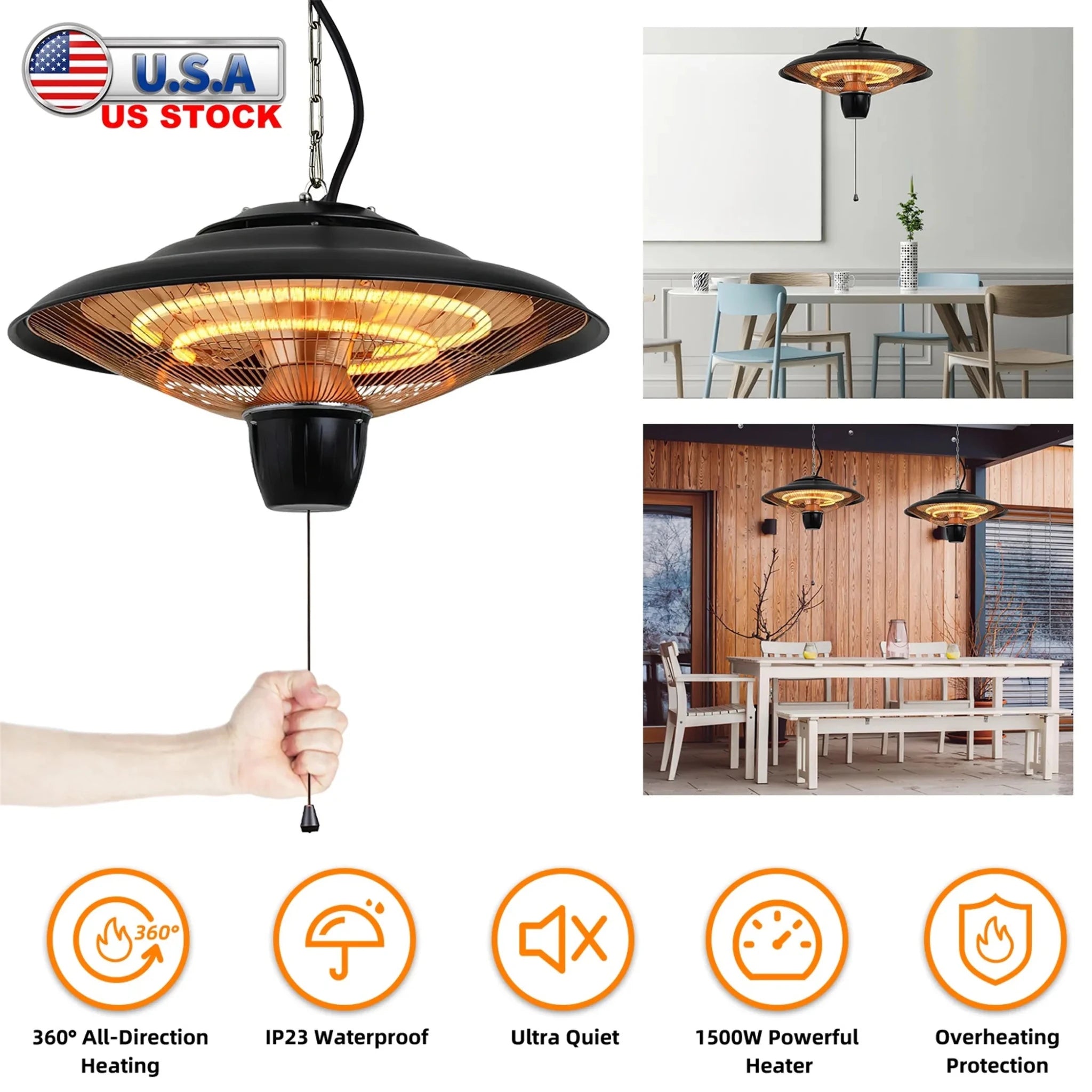 1500W Outdoor Hanging Patio Heater Ultra - Quiet Electric Heating Lamp - Clinch River Fishing USA