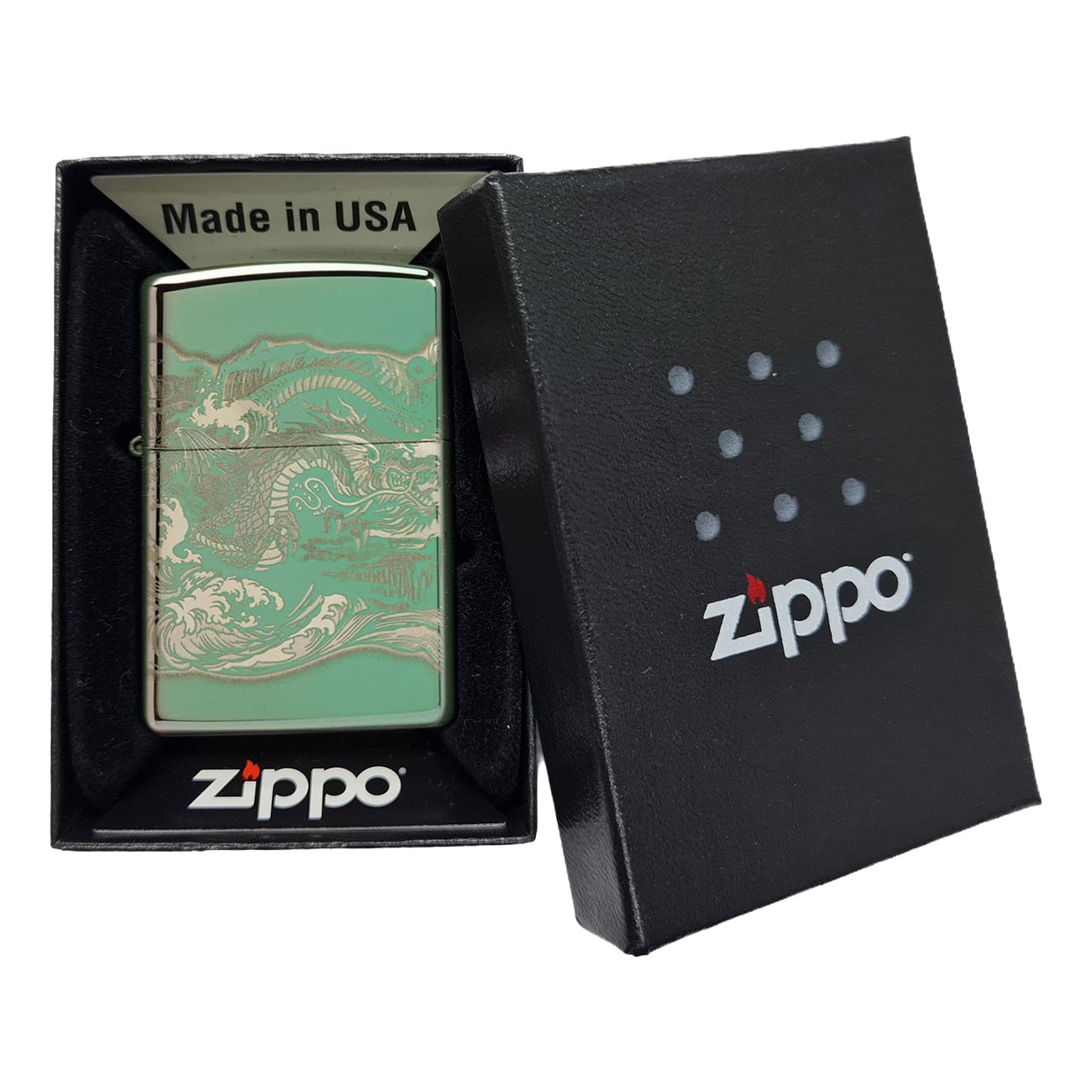 Zippo Windproof Lighter Dragon and Tiger Engraved 360 High Polish Green
