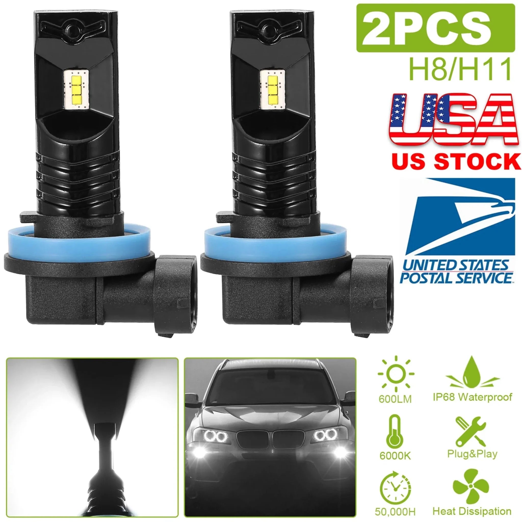 2PCS 600lm 80W H8/H9/H11 LED Fog DRL Light Bulb - Clinch River Fishing USA