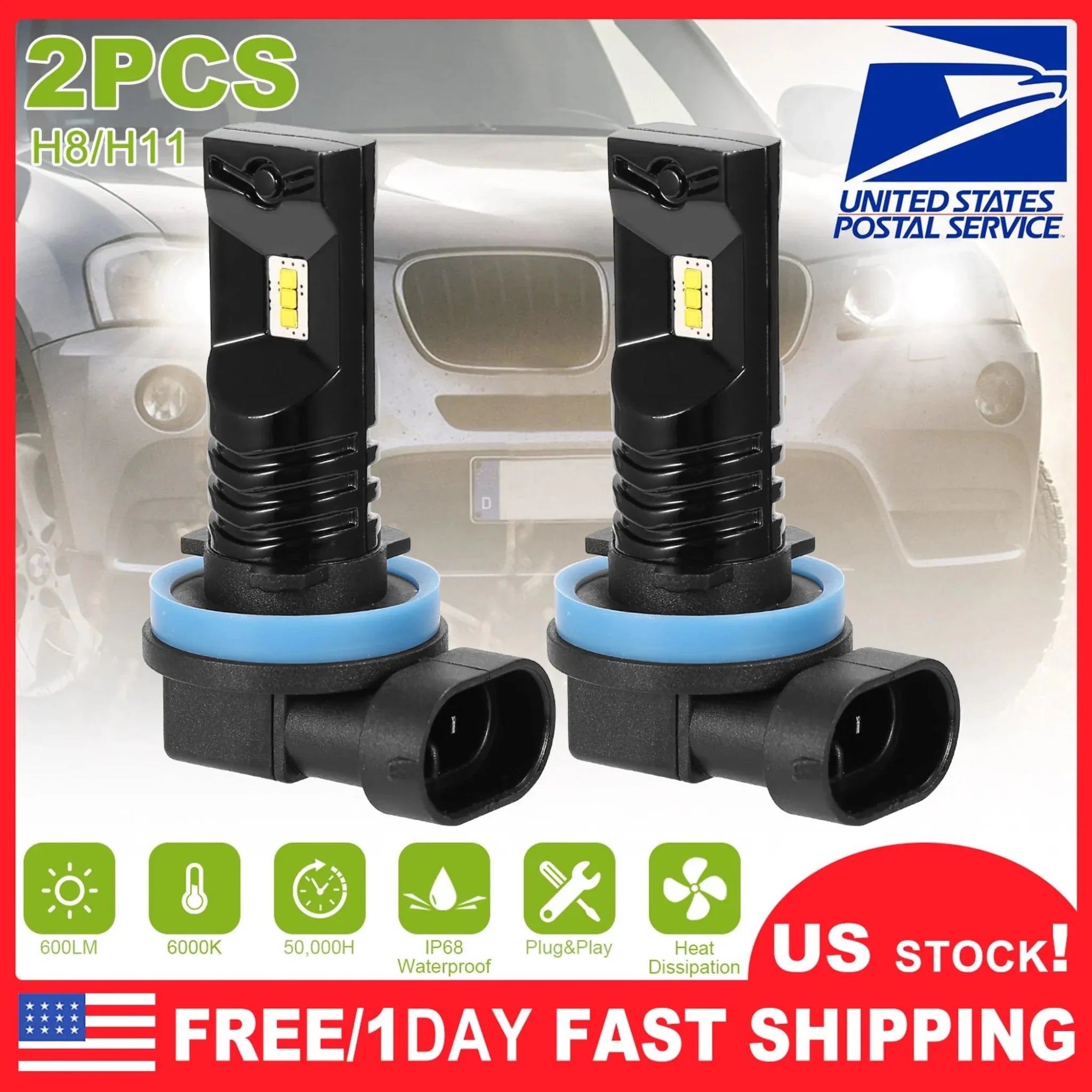 2PCS 600lm 80W H8/H9/H11 LED Fog DRL Light Bulb - Clinch River Fishing USA