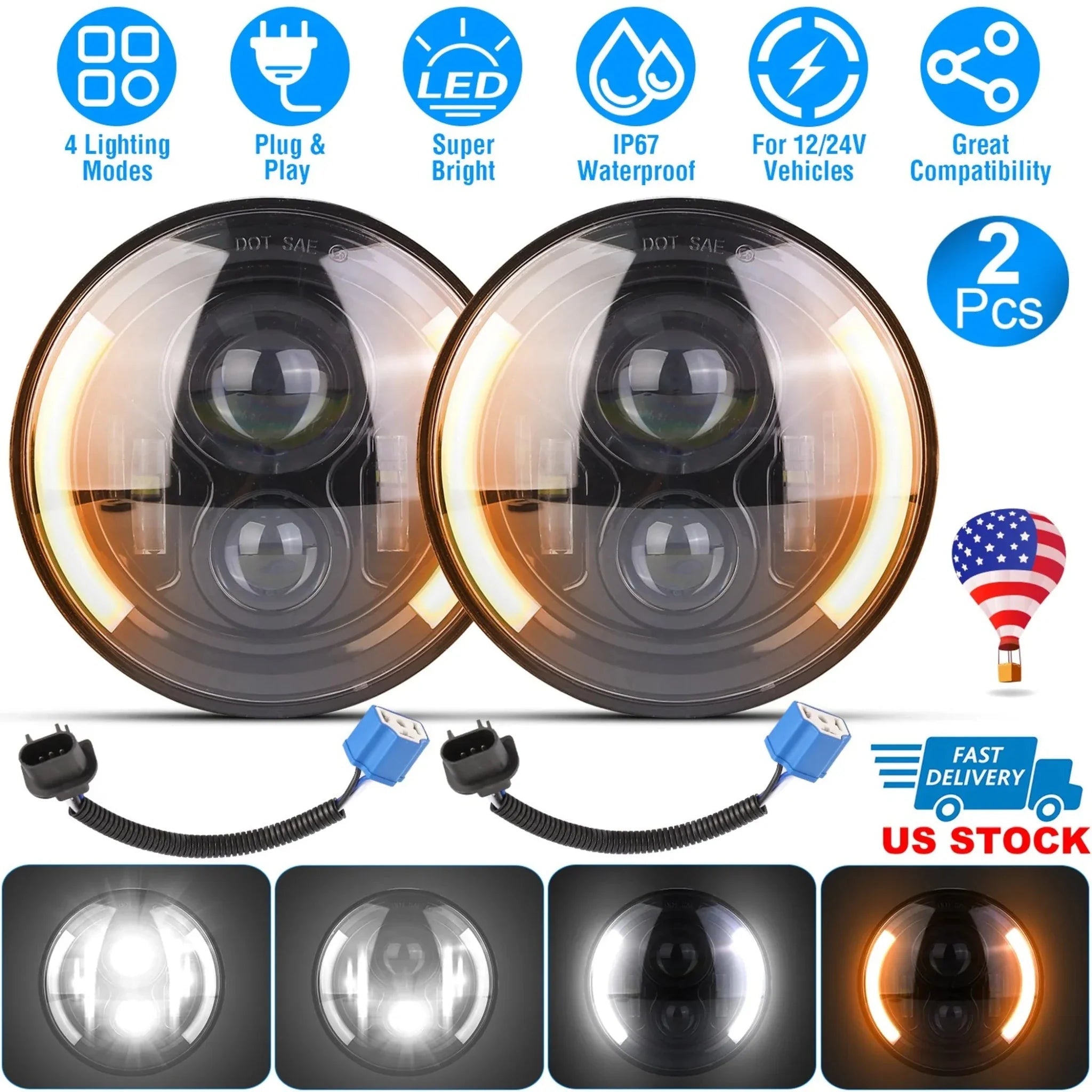 2Pcs 7In 40W Round LED - Clinch River Fishing USA