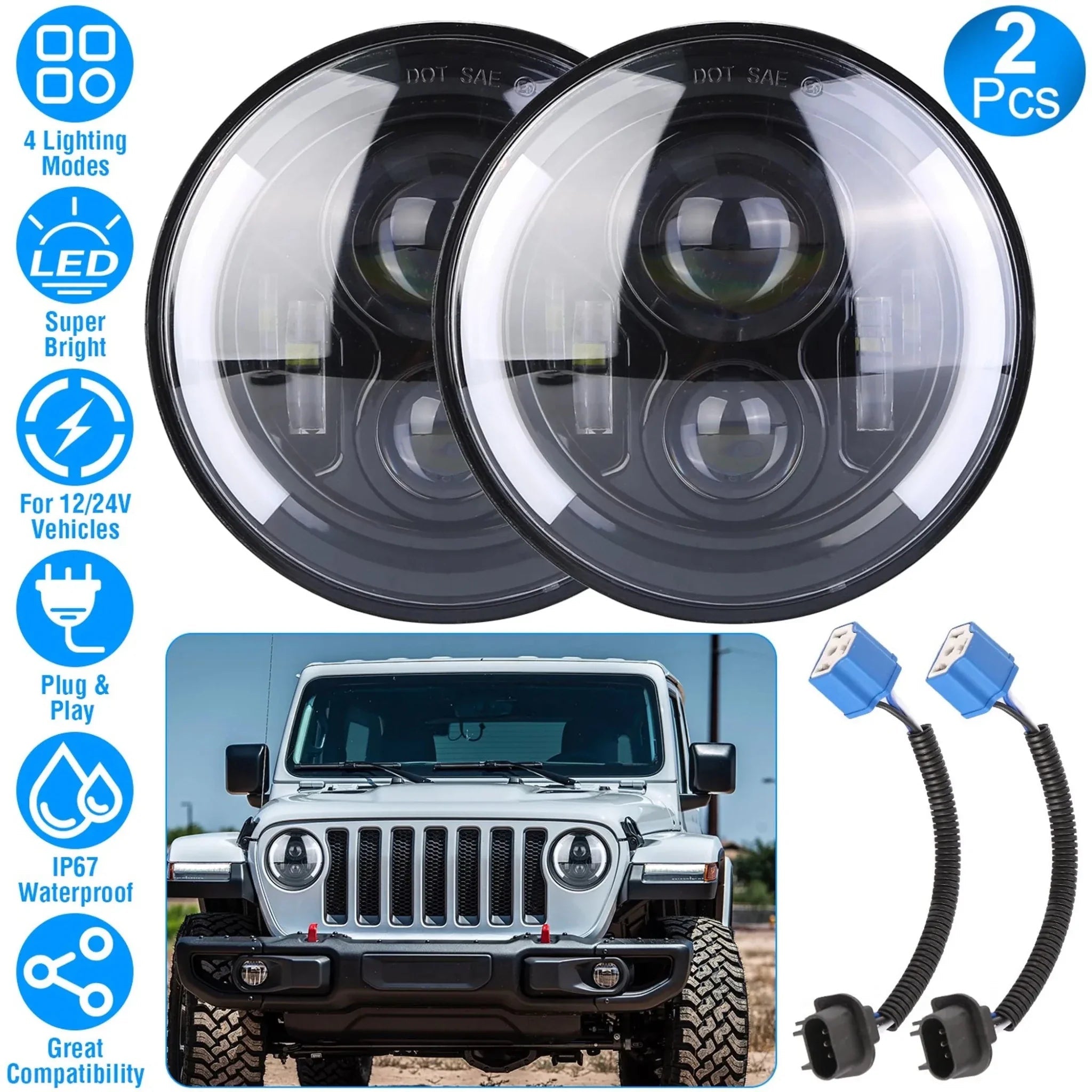 2Pcs 7In 40W Round LED - Clinch River Fishing USA