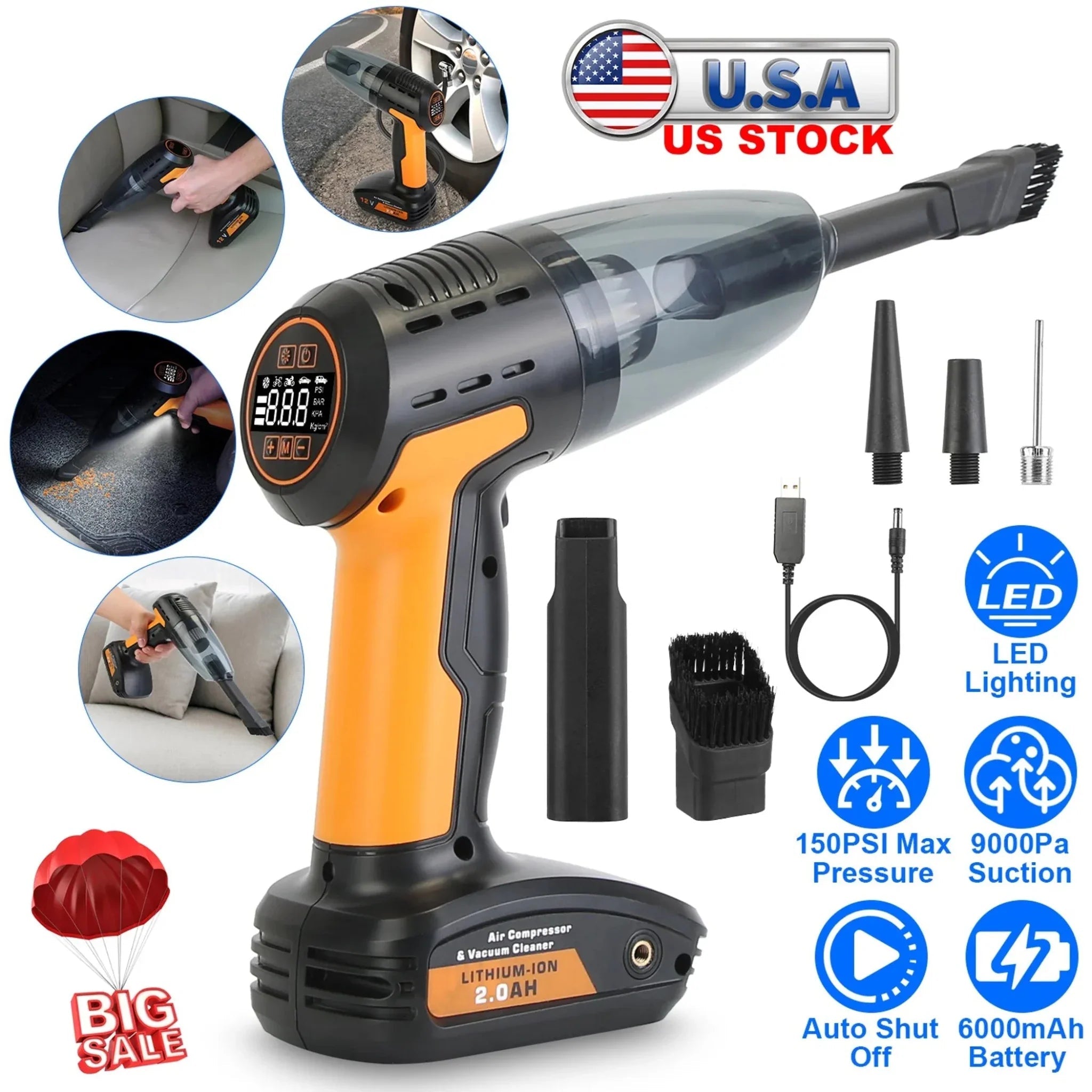 4 In 1 Cordless Car Vacuum Cleaner and Tire Inflator with LED Light - Clinch River Fishing USA