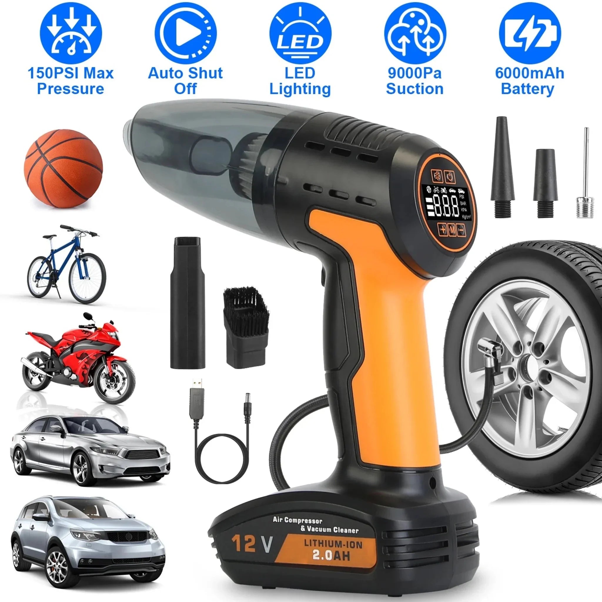 4 In 1 Cordless Car Vacuum Cleaner and Tire Inflator with LED Light - Clinch River Fishing USA