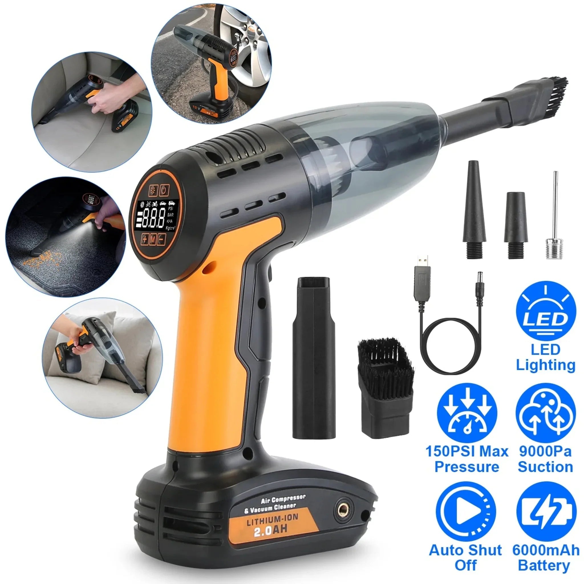 4 In 1 Cordless Car Vacuum Cleaner and Tire Inflator with LED Light - Clinch River Fishing USA