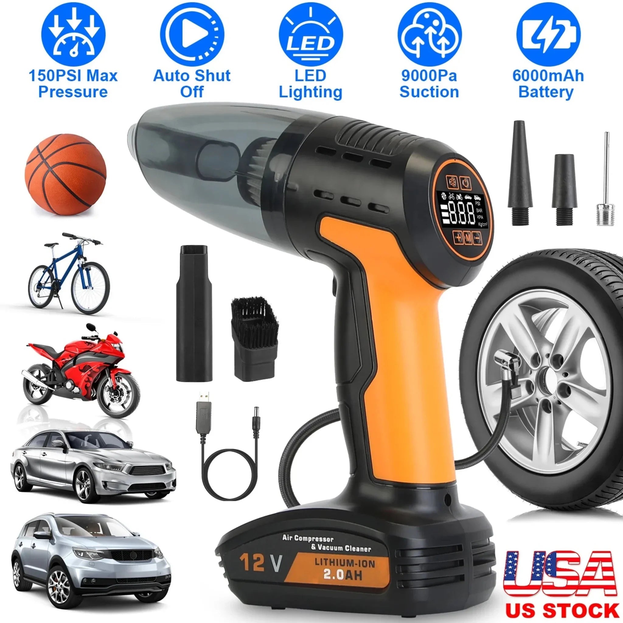 4 In 1 Cordless Car Vacuum Cleaner and Tire Inflator with LED Light - Clinch River Fishing USA