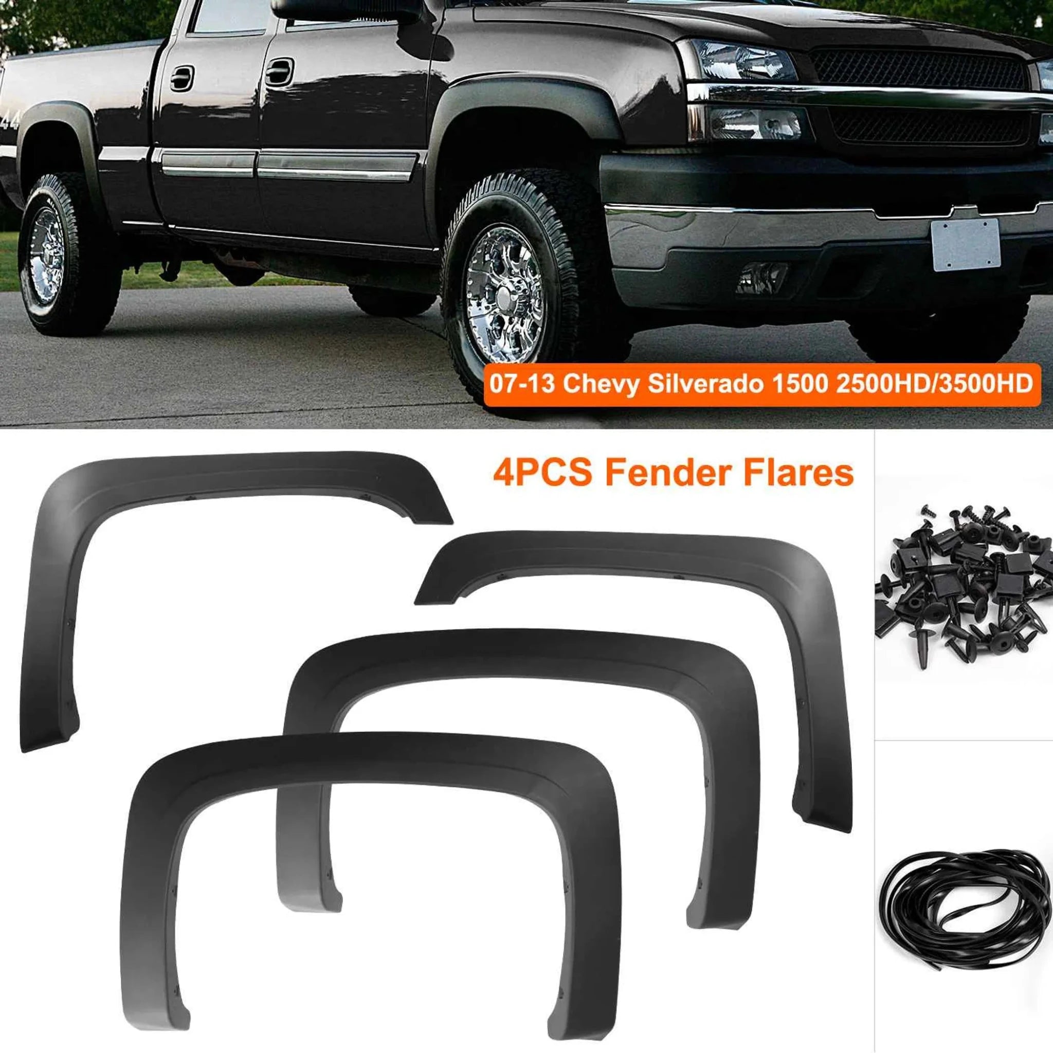 4 - Piece Pocket - Style Fender Flares for 2007–2013 Chevy Silverado 1500 / 2500HD / 3500HD - Clinch River Fishing USA