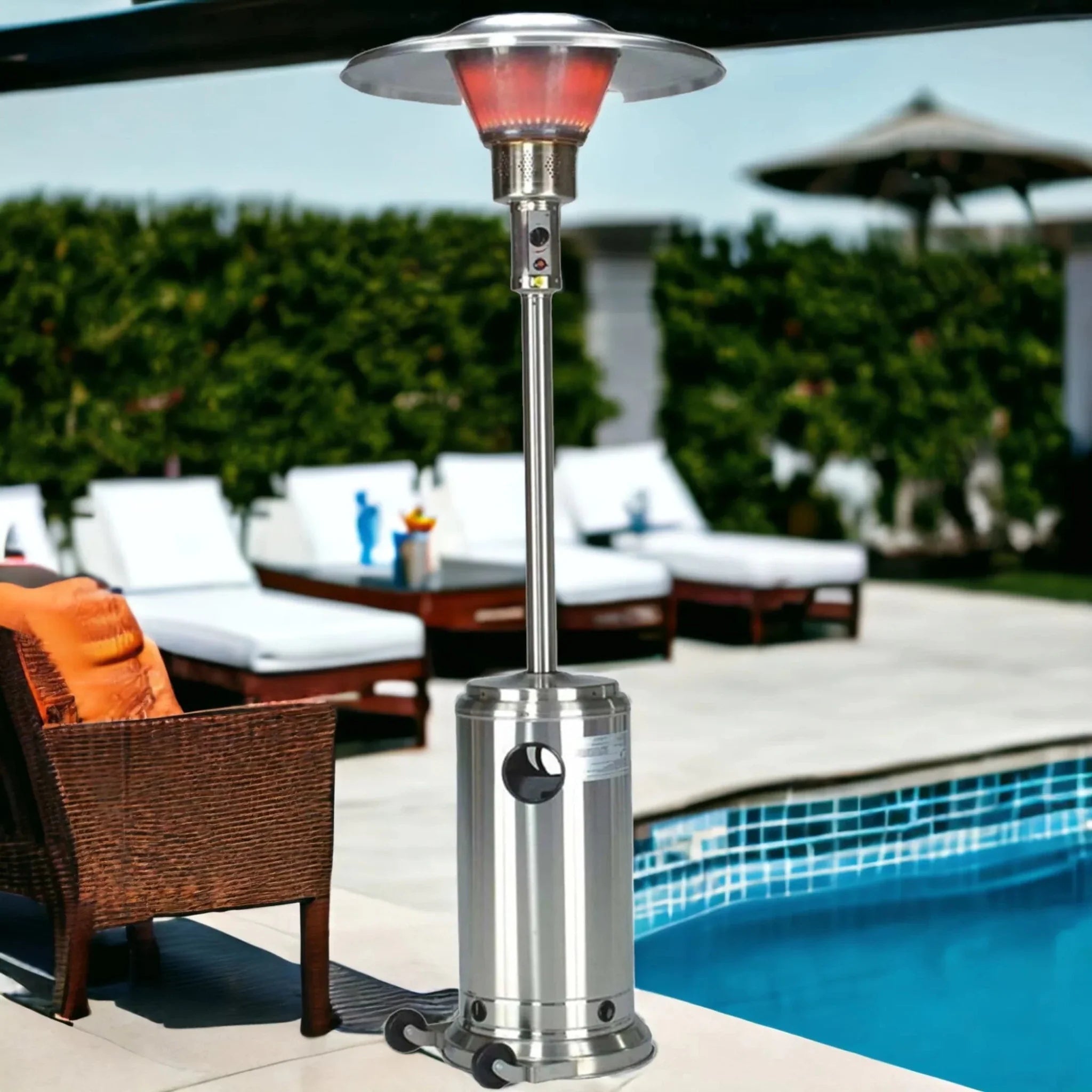 40000 BTU Silver Steel Propane Cylindrical Pole Standing Patio Heater - Clinch River Fishing USA
