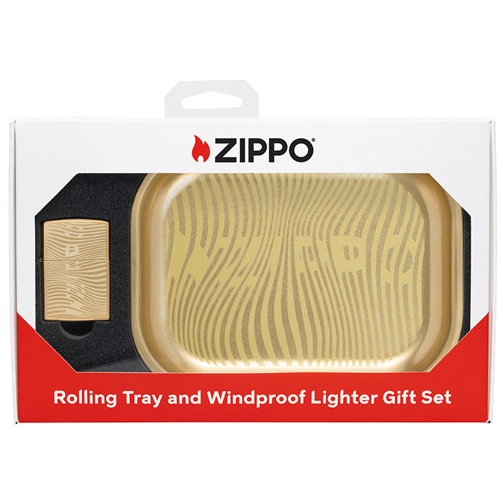 Zippo Laser Engraved Rolling Tray & Lighter Gift Set - High Polish Brass