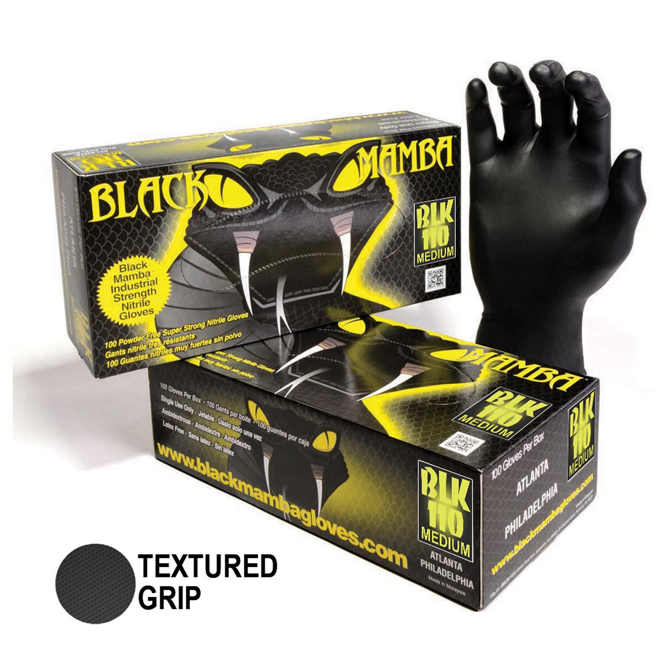 Black Mamba Black Powder Free Textured Nitrile Gloves (Medium) 100 per Box