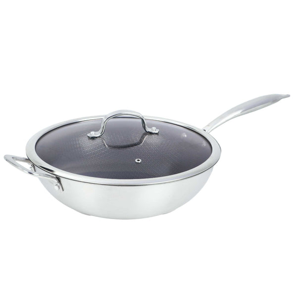 Brentwood B-WH30L 12-In. 4.2-Qt. 3-Ply Hybrid Non-Stick Stainless Steel Wok with Glass Lid
