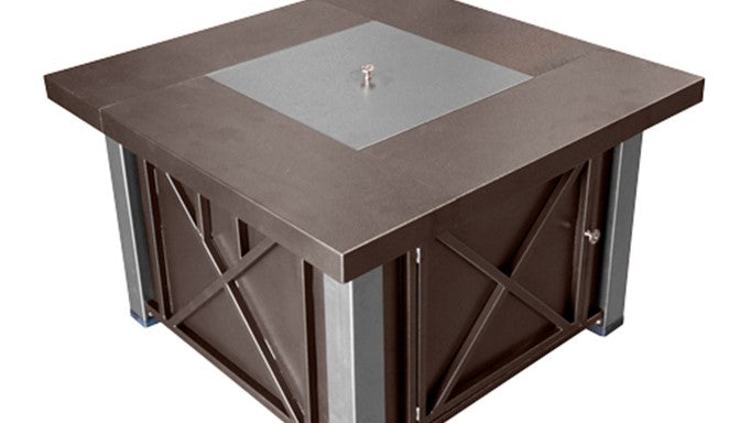 Square Fire Pit in Hammered Bronze with Stainless Steel Legs and Lid with Cover and Wind Glass