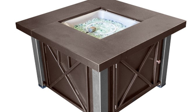 Square Fire Pit in Hammered Bronze with Stainless Steel Legs and Lid with Cover and Wind Glass