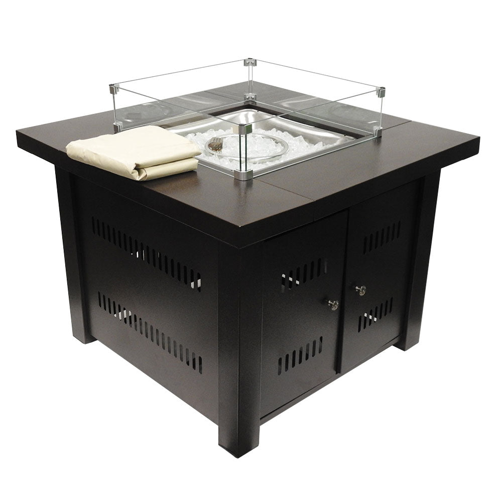 Square Fire Pit in Hammered Bronze with Cover and Wind Glass