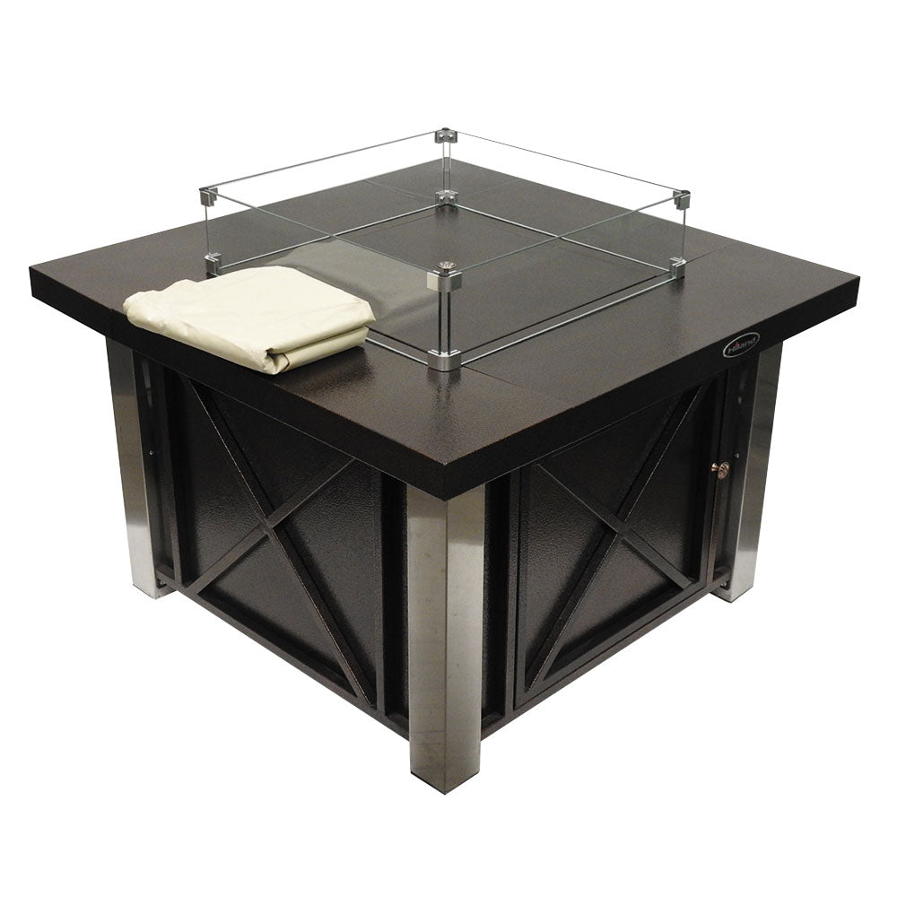 Square Fire Pit in Hammered Bronze with Stainless Steel Legs and Lid with Cover and Wind Glass