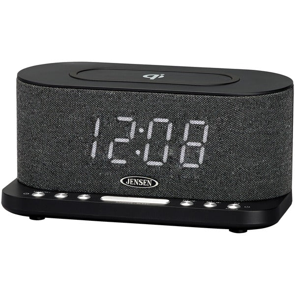 JENSEN QiCR-50 FM Digital Dual-Alarm Clock Radio with Large Display, Wireless Qi and USB Charging, Aux Input, and Batter