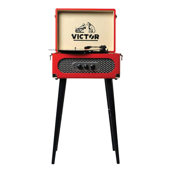 Victor VWRP-3200-RD 6-Watt Andover 3-Speed Belt-Drive Manual Suitcase Turntable with Built-in Speakers, Bluetooth In/Out