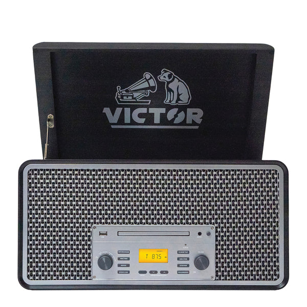 Victor VWRP-5000-GR 4-Watt Monument 3-Speed Belt-Drive Manual Turntable with Built-in Speakers, Bluetooth In/Out, CD/Cas