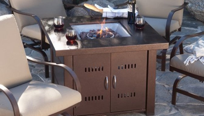 Square Fire Pit in Hammered Bronze with Cover and Wind Glass