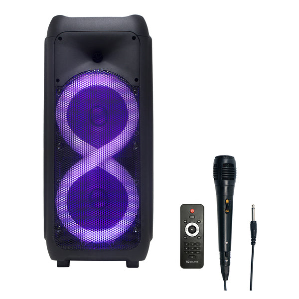 IQ Sound IQ-7288DJBT 15-Watt-RMS Portable Bluetooth Rechargeable Speaker with Two 8-In. Woofers, Lights, TWS, FM, USB/Mi