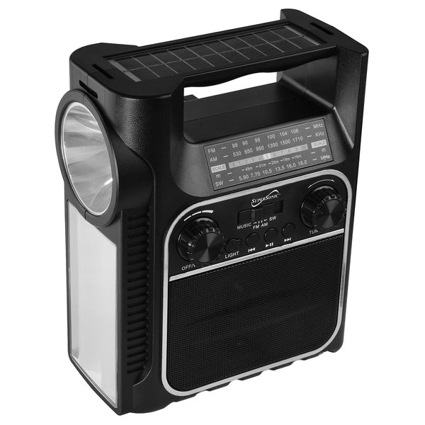 Supersonic SC-1175ER 7-Watt Portable Rechargeable Bluetooth Speaker with AM/FM/SW Radio, Solar Panel, LED Light and Lant