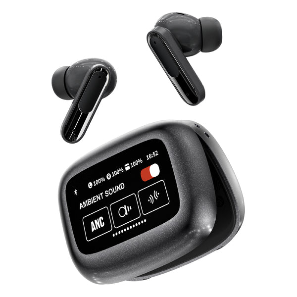 RCA Wave-45BLK WAVE-45 TWS Bluetooth In-Ear Earbuds with Mics, On-Ear Controls, ANC, Charging Case with Touch Screen, up