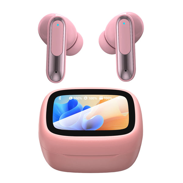 RCA Wave-45-PINK WAVE-45 TWS Bluetooth In-Ear Earbuds with Mics, On-Ear Controls, ANC, Charging Case with Touch Screen, 