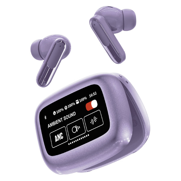 RCA Wave-45PUR WAVE-45 TWS Bluetooth In-Ear Earbuds with Mics, On-Ear Controls, ANC, Charging Case with Touch Screen, up