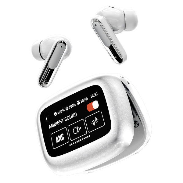RCA Wave-45WHT WAVE-45 TWS Bluetooth In-Ear Earbuds with Mics, On-Ear Controls, ANC, Charging Case with Touch Screen, up