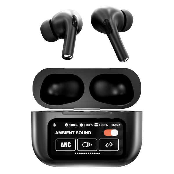 RCA Wave-48BLACK WAVE-48 TWS Bluetooth In-Ear Earbuds with Mics, On-Ear Controls, ANC, Charging Case with Screen, up to 