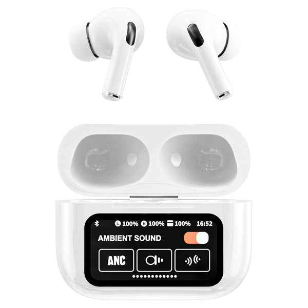 RCA Wave-48WHITE WAVE-48 TWS Bluetooth In-Ear Earbuds with Mics, On-Ear Controls, ANC, Charging Case with Screen, up to 